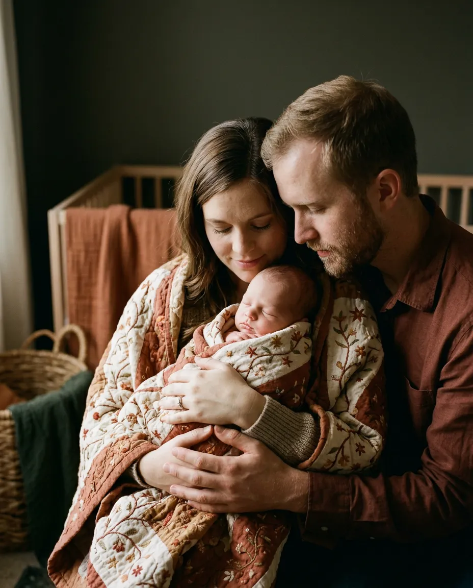Soft newborn snuggles wrapped in heirloom linen quilt