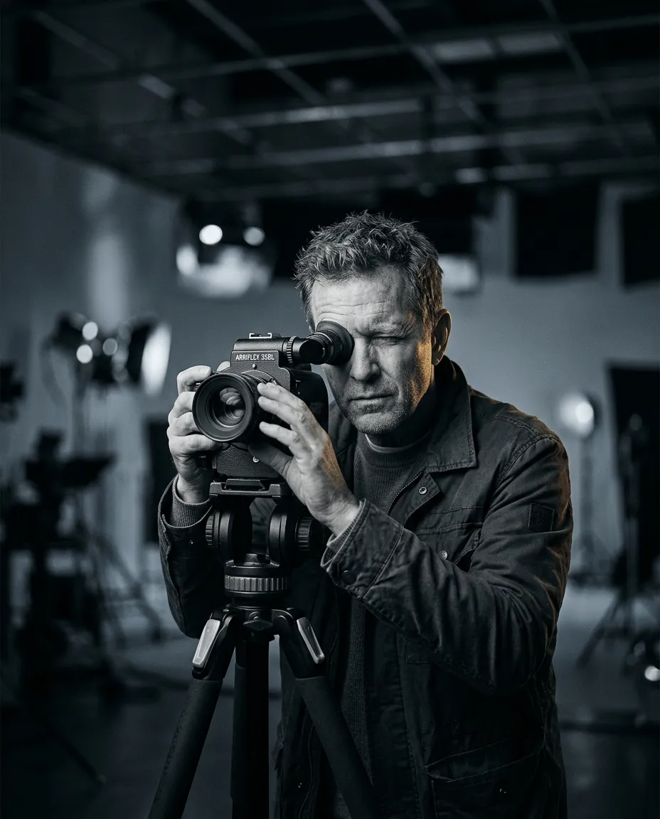 Atmospheric monochrome portrait of director Marcus Vance evaluating framing through a 35mm optical viewfinder