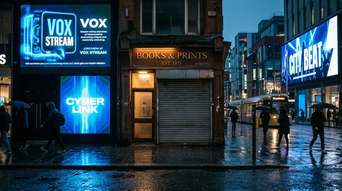 Desaturated moody 16:9 cinematic frame of an overlooked storefront with faded signage while digital screens illuminate nearby streets