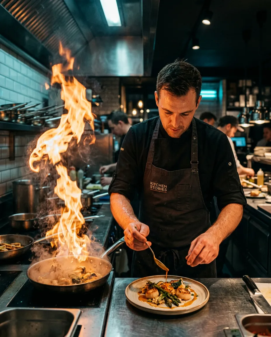 Behind the scenes kitchen fire and chef plating culinary moment