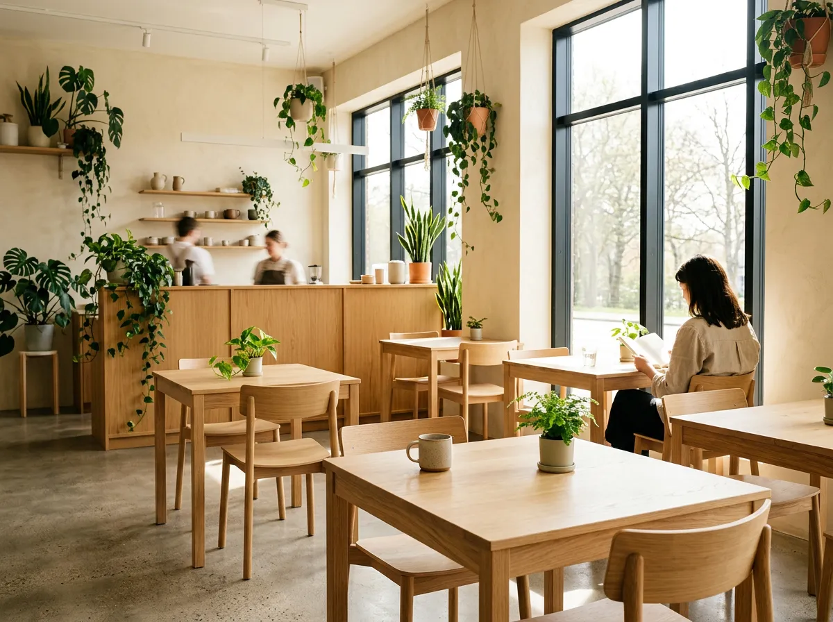 Sun-drenched bright airy cafe with natural morning illumination and coffee counter