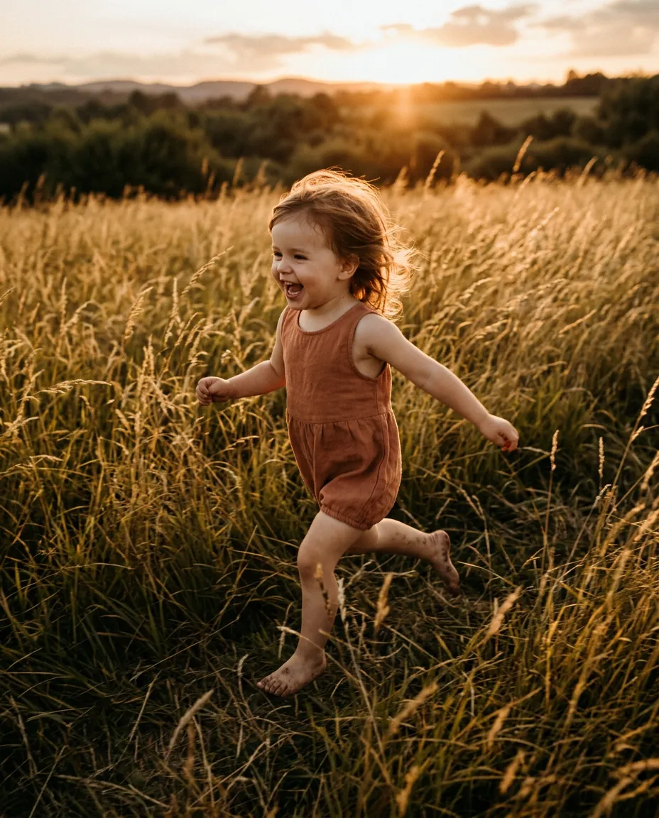Toddler laughing and running barefoot through golden dusk grass