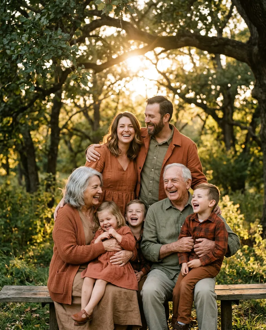 Warm multi-generational family portrait with grandparents laughing under oak trees
