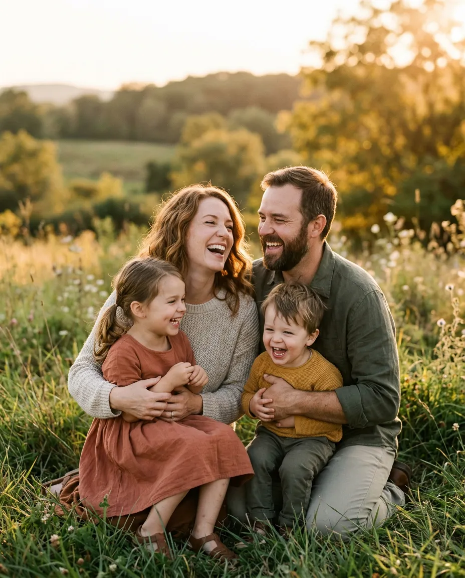 Intimate candid photograph of parents laughing naturally with their children in golden evening sunlight