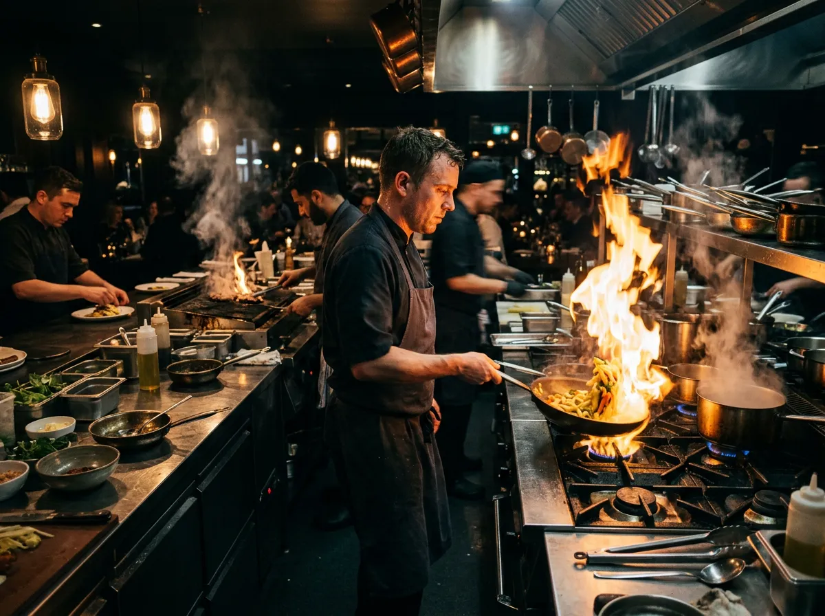 High-energy commercial restaurant kitchen with open culinary flames and precise plating