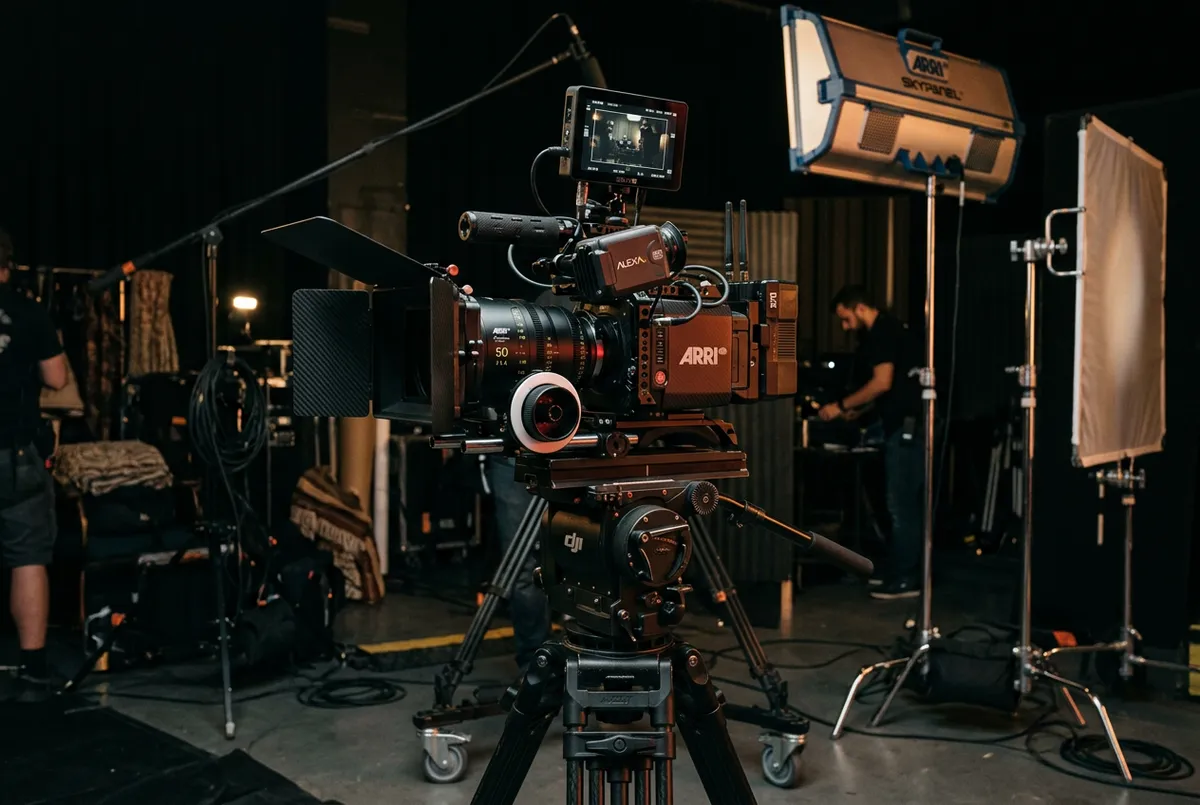 Cinematic cinema camera setup capturing promotional video footage on set