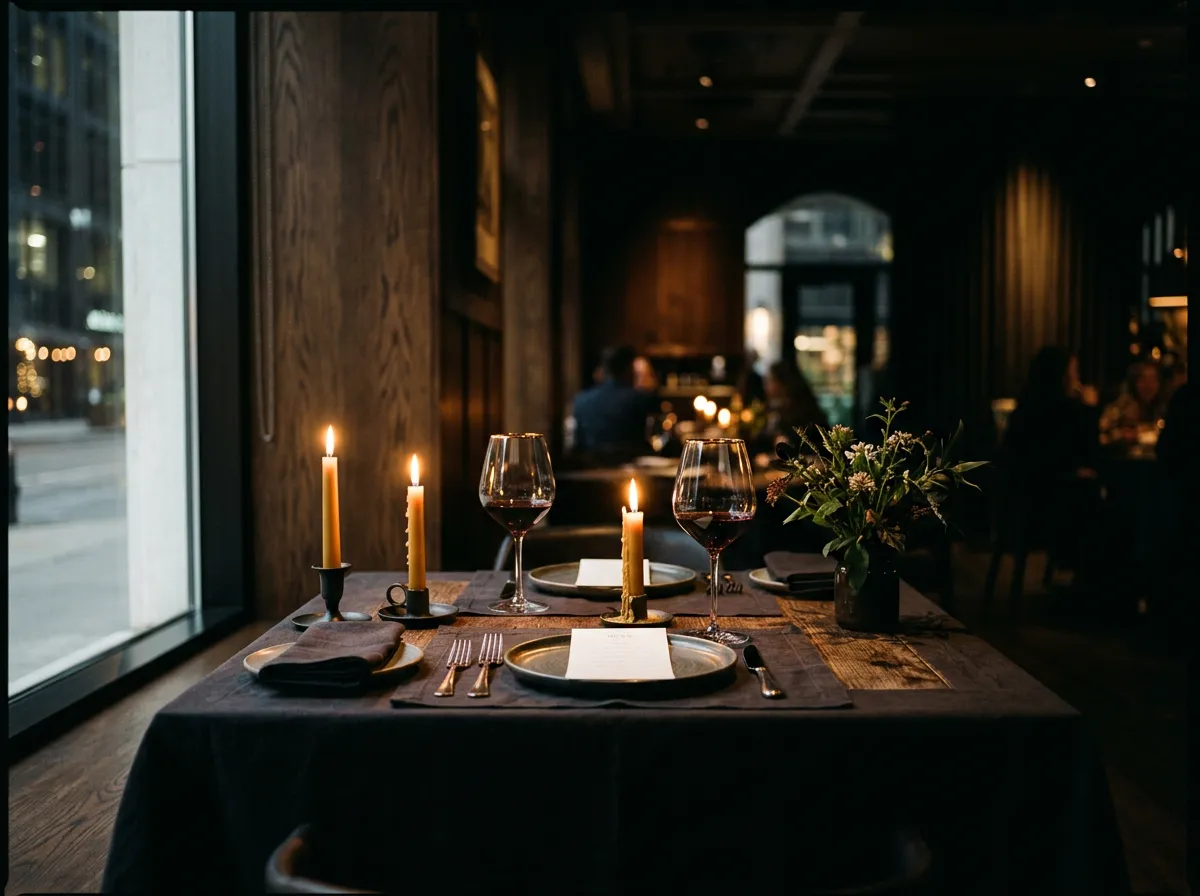 Atmospheric fine dining restaurant table setting with dim candlelight and wine glasses