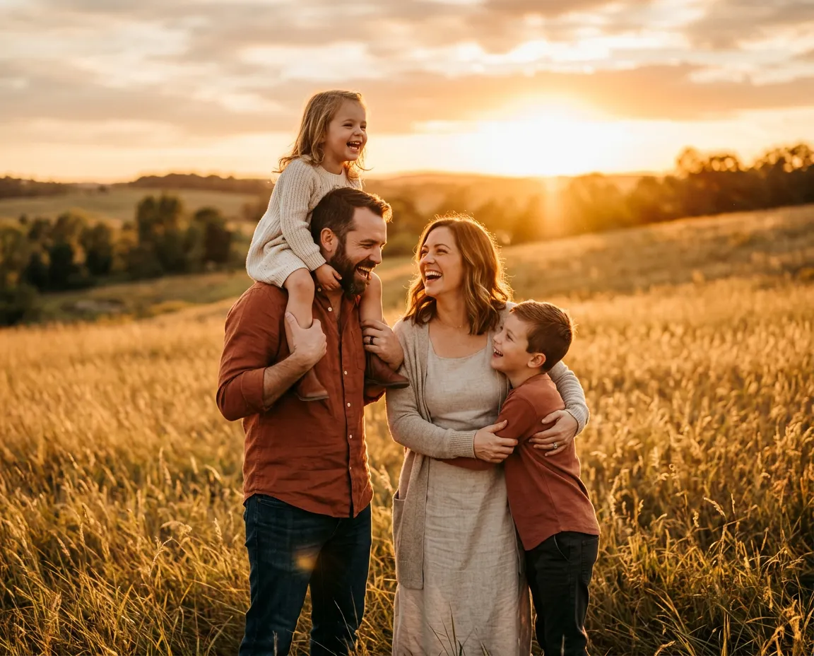 A warm film-grain photograph of a loving family laughing together in a golden grass field at sunset