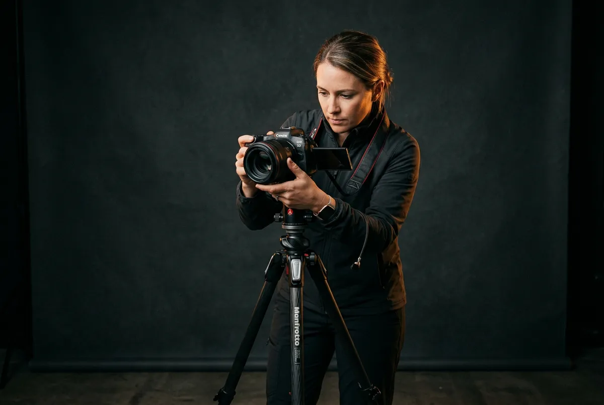 Professional commercial photography session with professional camera gear and studio lighting