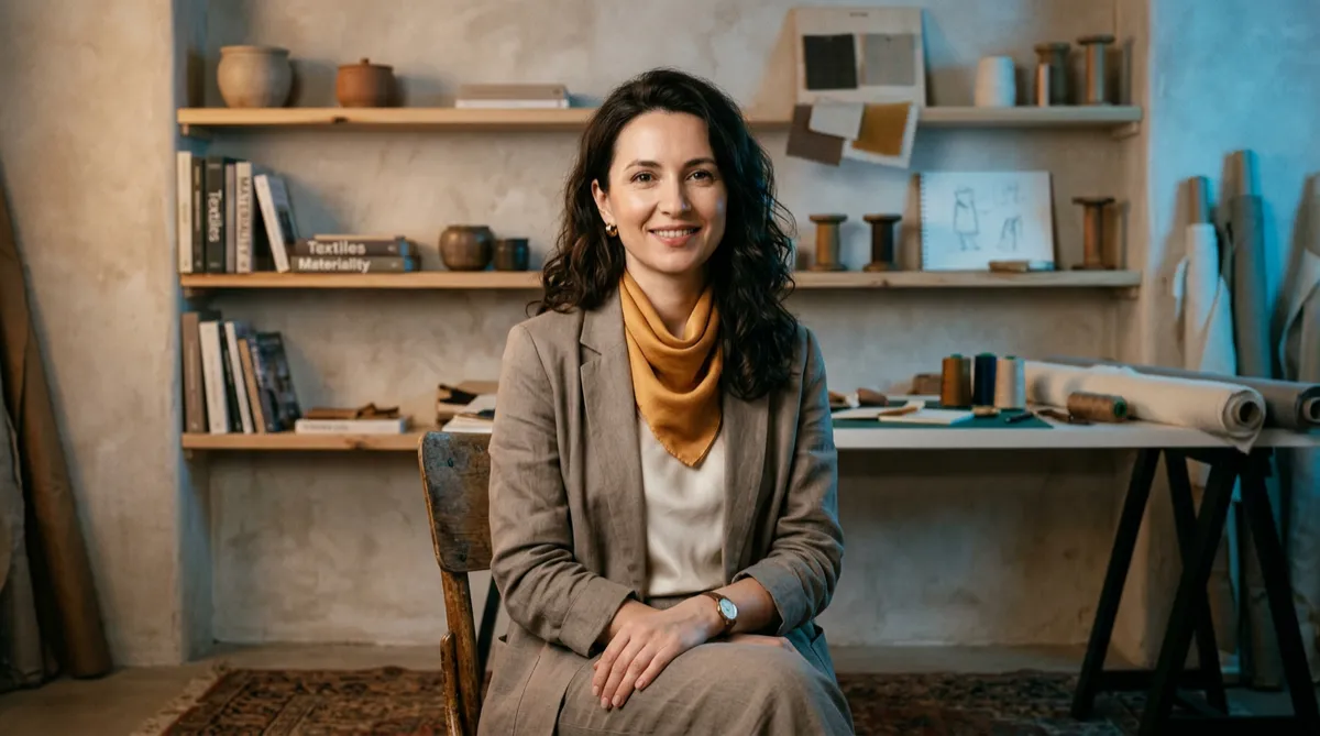 Elena Rostova, Founder of Atelier Horizon in her creative studio
