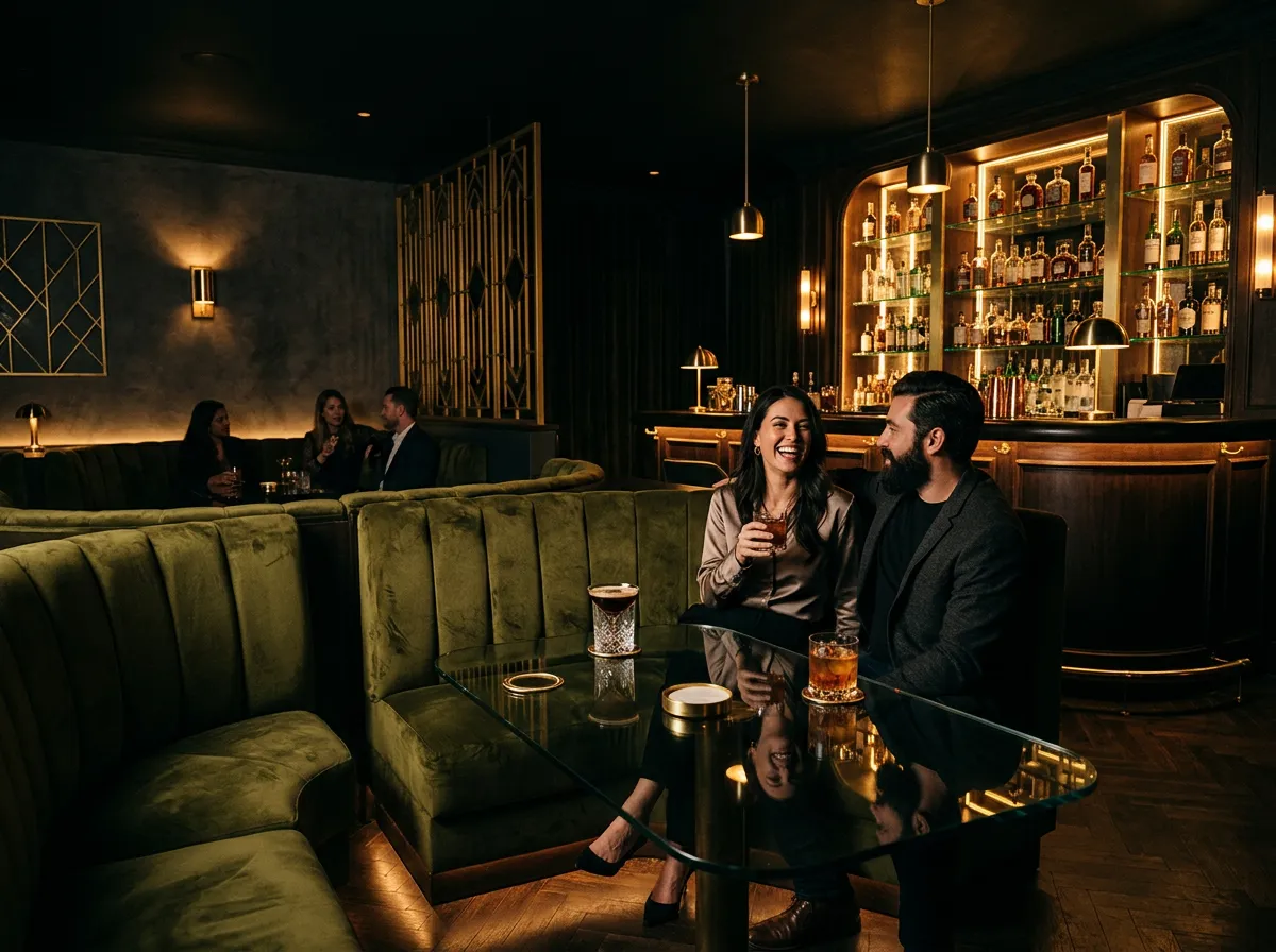 Intimate dimly lit cocktail lounge with amber bar lighting and cut crystal glassware