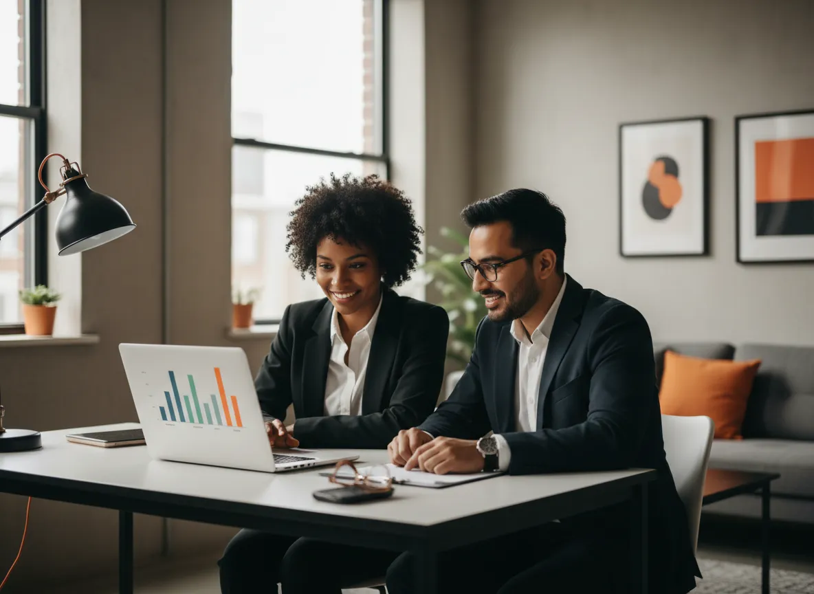 Friendly marketing team collaborating with small business owner in modern office