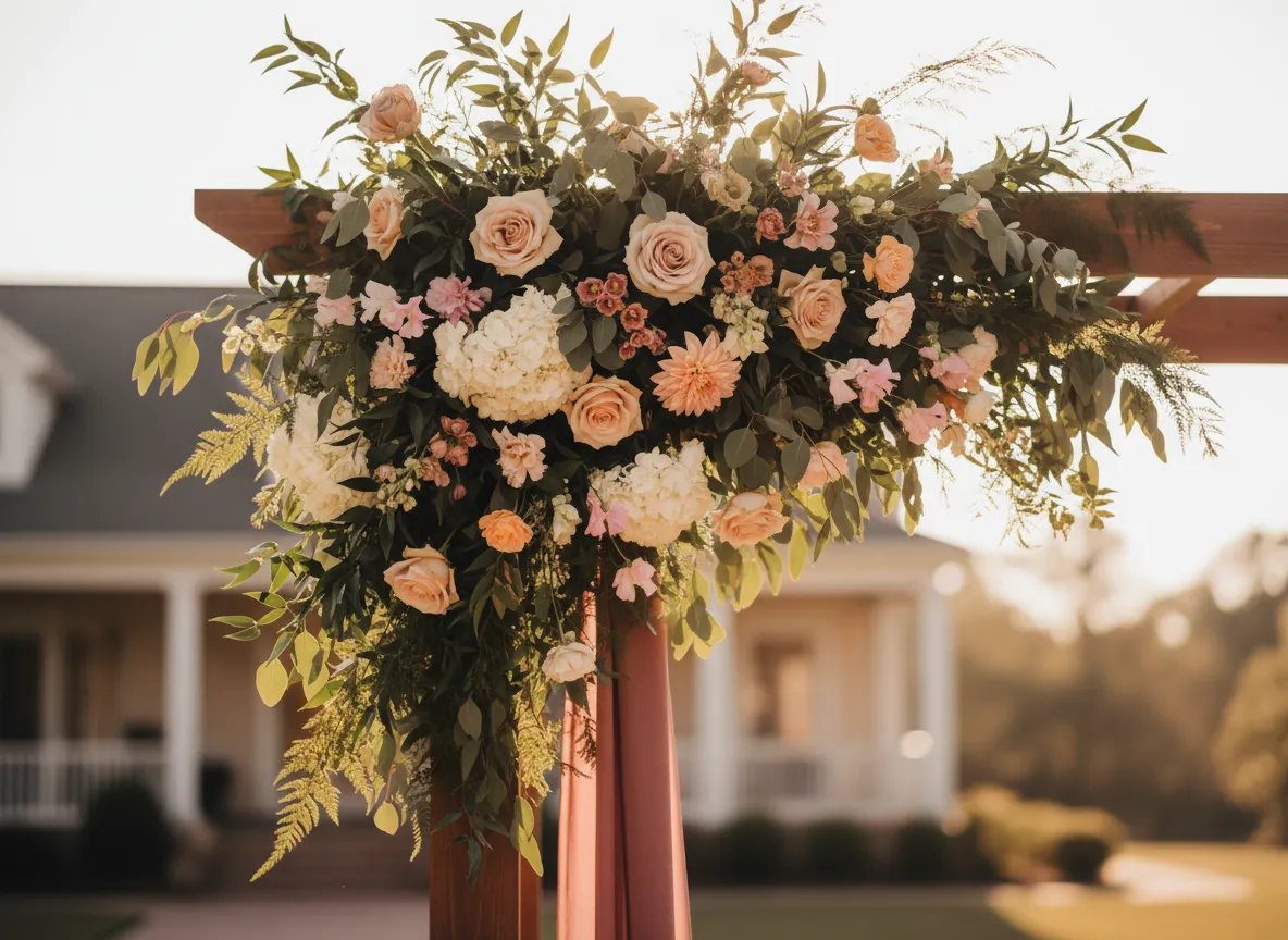 Colorful ceremony arch floral arrangement