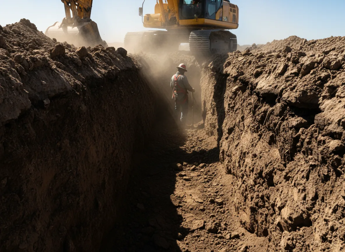 Excavator digging trench for utility lines