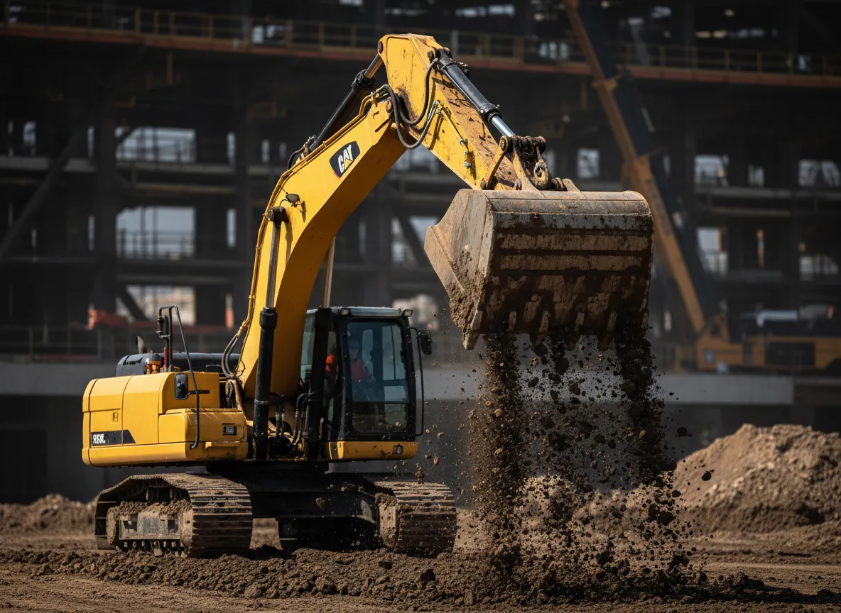 Heavy construction equipment in action lifting dirt