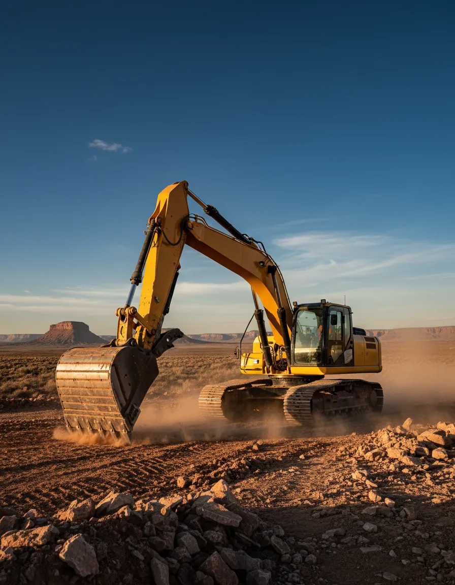 Heavy excavator working on rugged Northern New Mexico terrain
