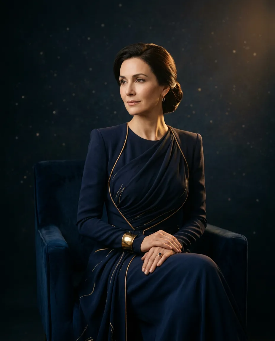 A sovereign queenly woman in a moment of quiet reflection, composed dignity, and celestial lighting