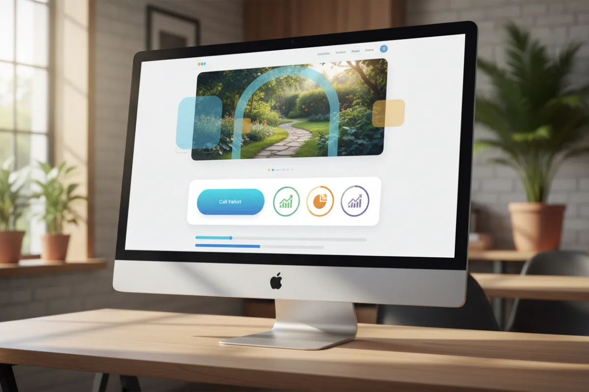 Wide landscape screenshot of a small business landing page built with TideBuilder, showing hero, CTA, and conversion stats, crisp UI, natural lighting, photographic mockup style.