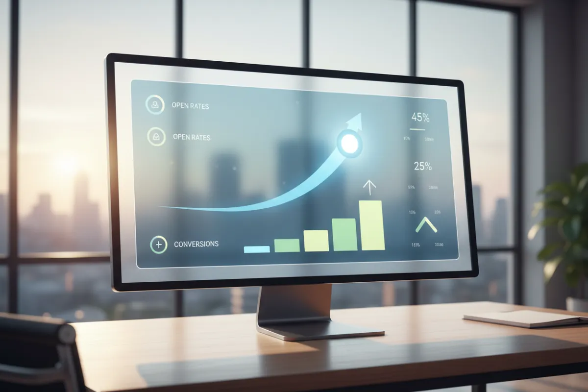 Landscape visual of email campaign analytics showing open rates and conversions on a dashboard screen, emphasizing clarity and performance tracking.