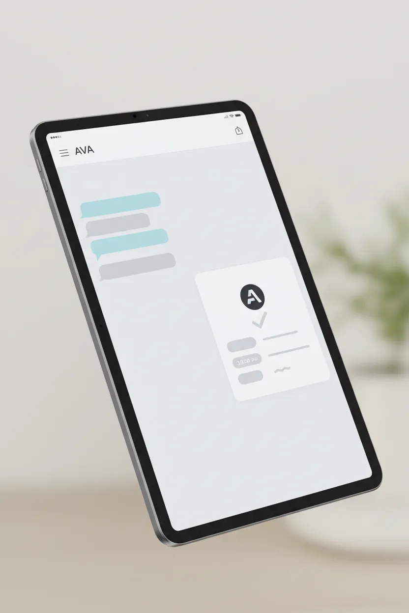 Portrait product mock of AVA assistant on a tablet: conversation thread and booking confirmation, soft neutral background, high clarity on UI elements.