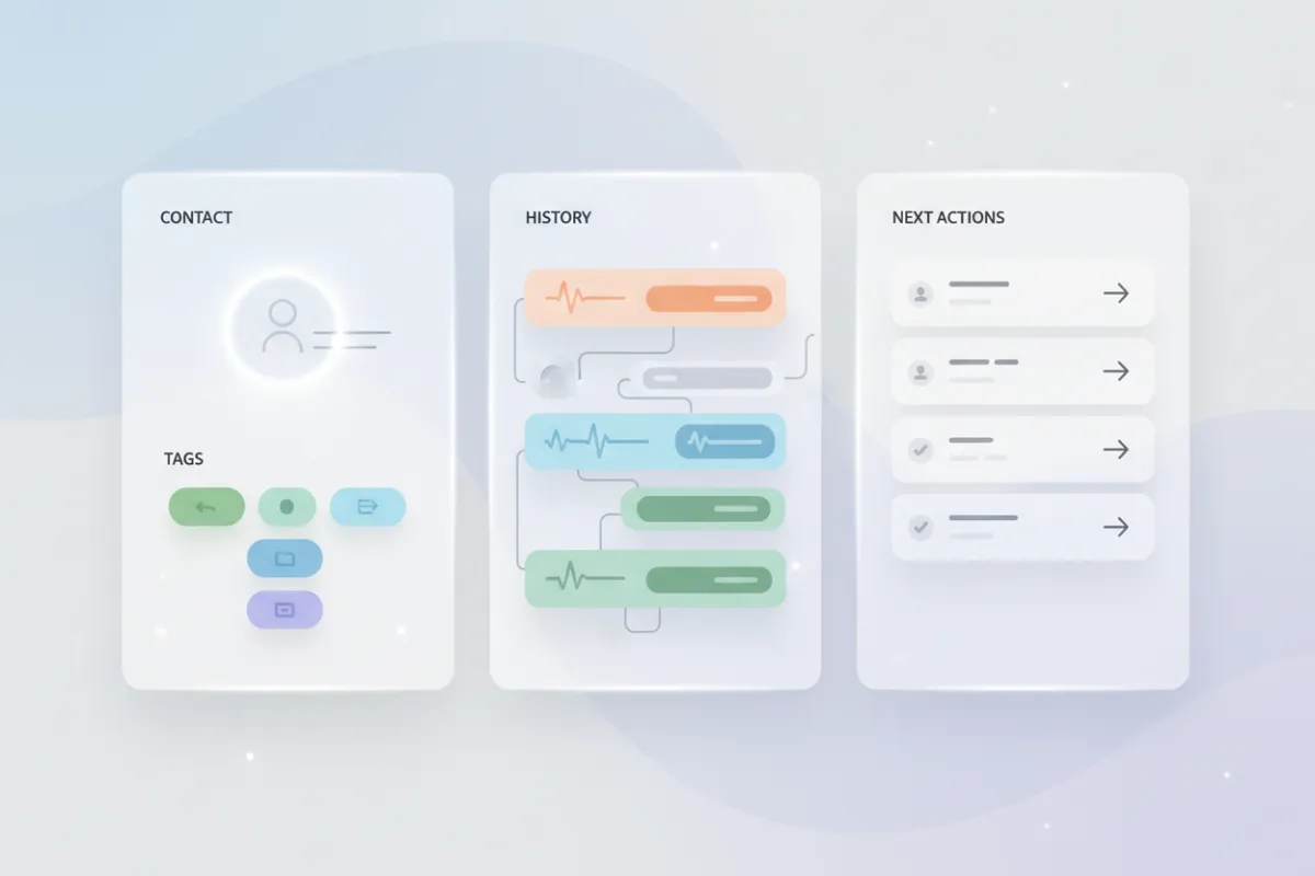 Product mock of a CRM contact profile screen showing history, tags, and next actions—clean UI, subtle gradients, designed to convey organized workflows.