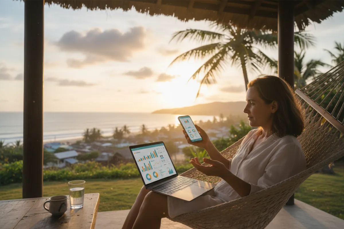 A wide landscape hero frame showing a small business owner reviewing analytics on a laptop and phone, warm daylight, photorealistic, emphasizing calm confidence and conversion-focused dashboards.