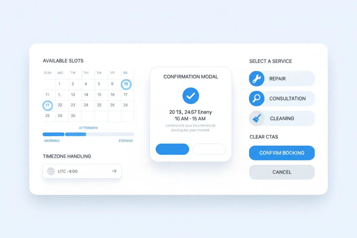 Booking calendar UI mockup showing available slots, timezone handling, and confirmation modal.