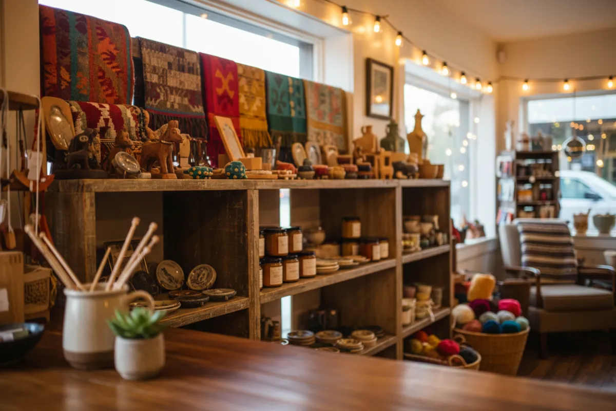 Gift shop display with handcrafted items and warm lighting