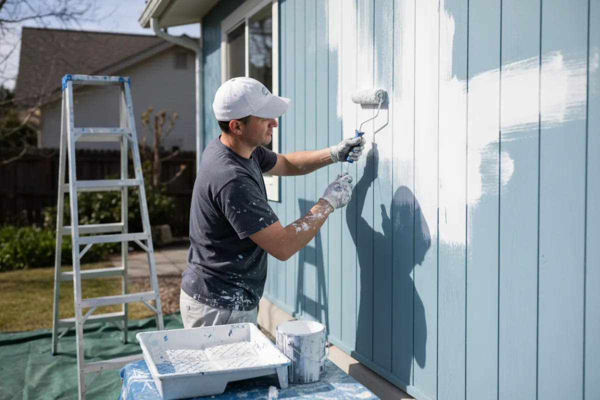 Painter applying fresh paint to an interior wall with a roller