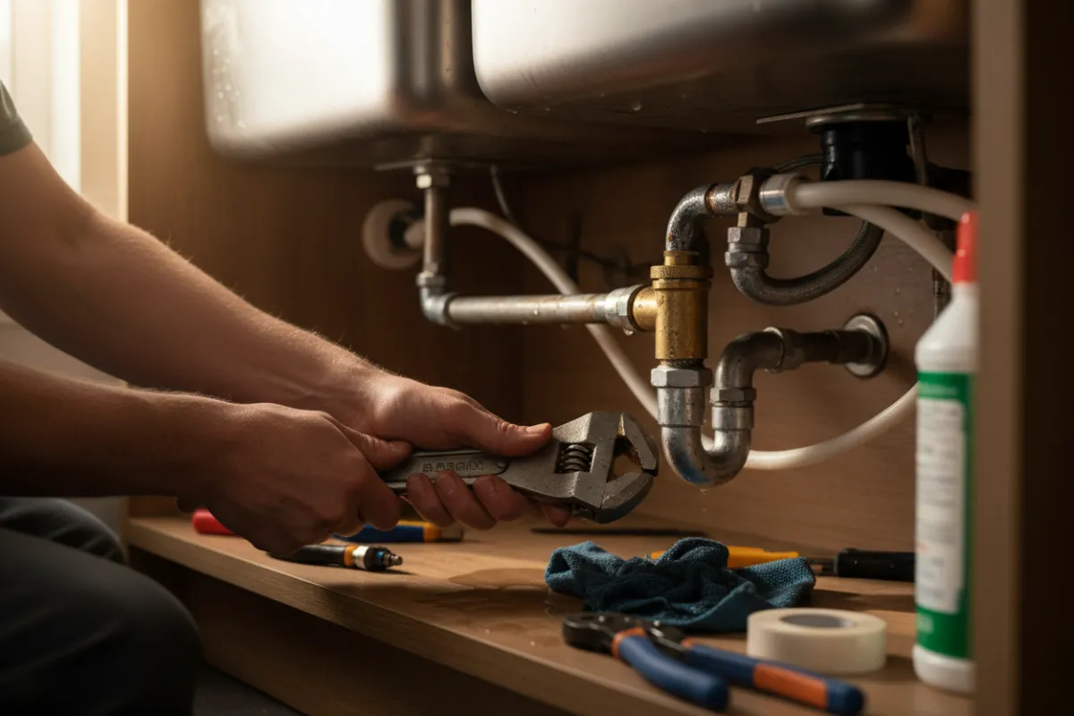 Plumber repairing pipes beneath a residential sink
