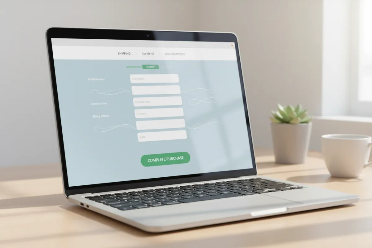 Modern checkout page on a laptop screen, clear CTA and payment fields, shallow depth-of-field for focus on conversion elements.