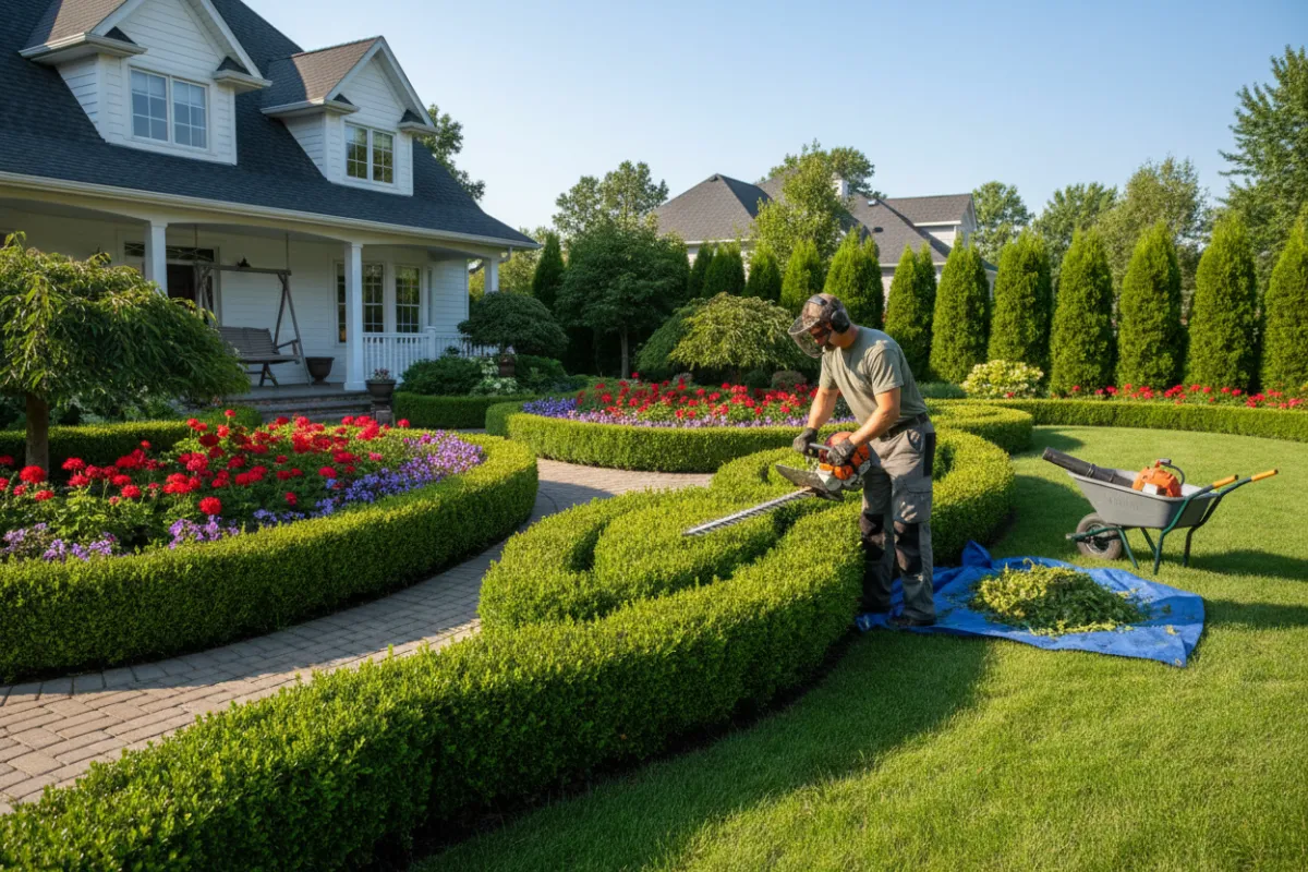 Landscaper trimming hedges in a well-manicured yard