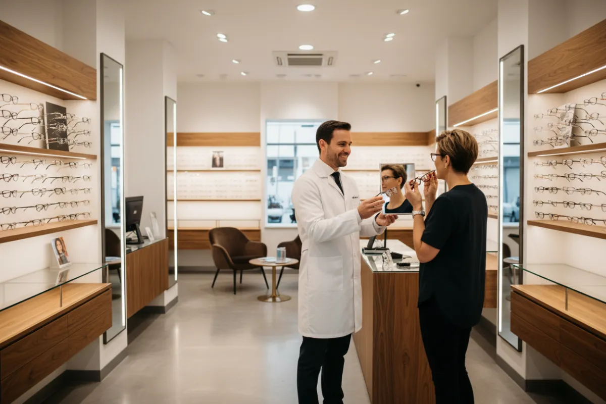 Optical shop associate fitting eyeglasses for a customer