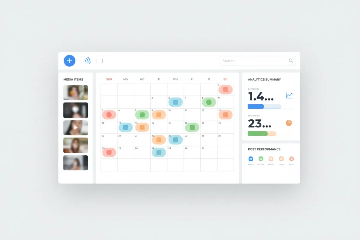 Landscape mock of a social scheduler with post calendar, analytics summary, and media items visible; clean UI with actionable metrics prominent.