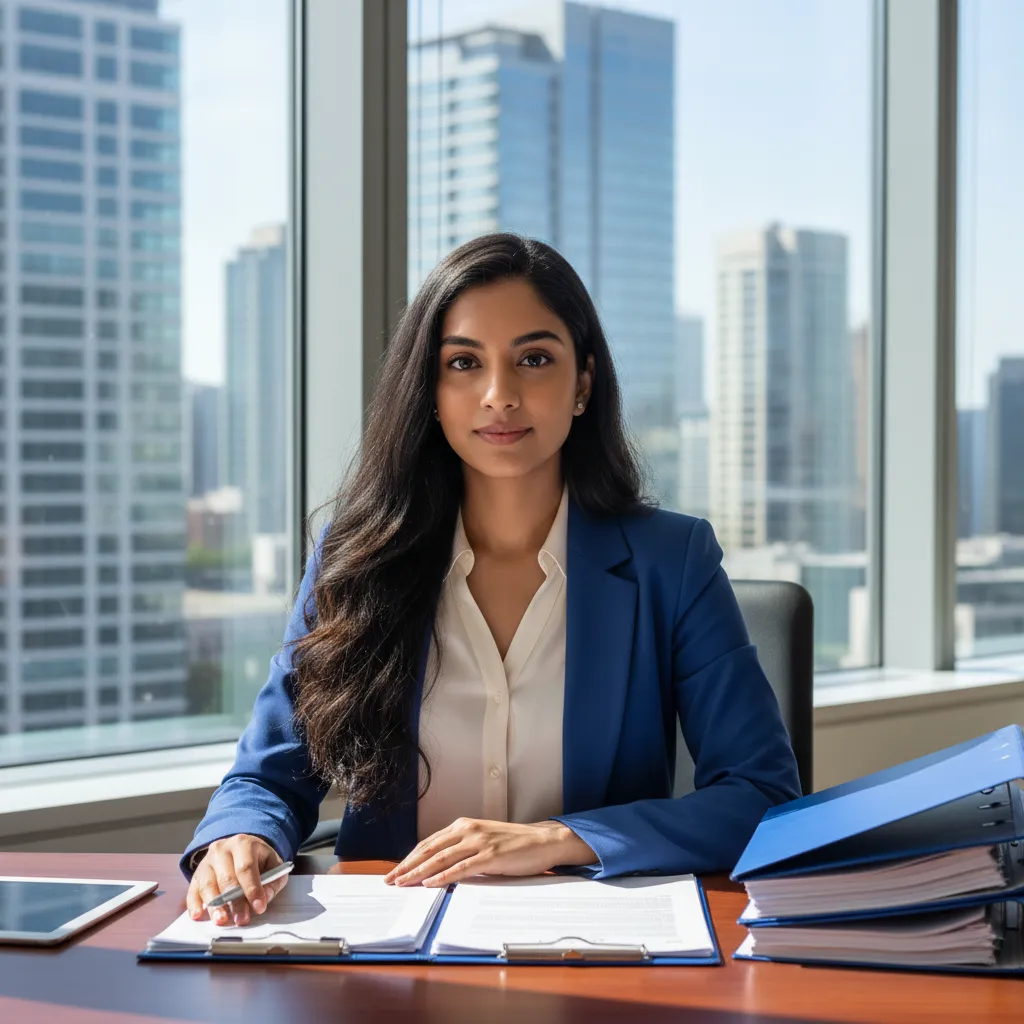 Portrait of a young South Asian female attorney with long hair, wearing a white blouse and blue blazer, seated at a desk with legal documents. The setting is bright, with a cityscape visible through the window.
