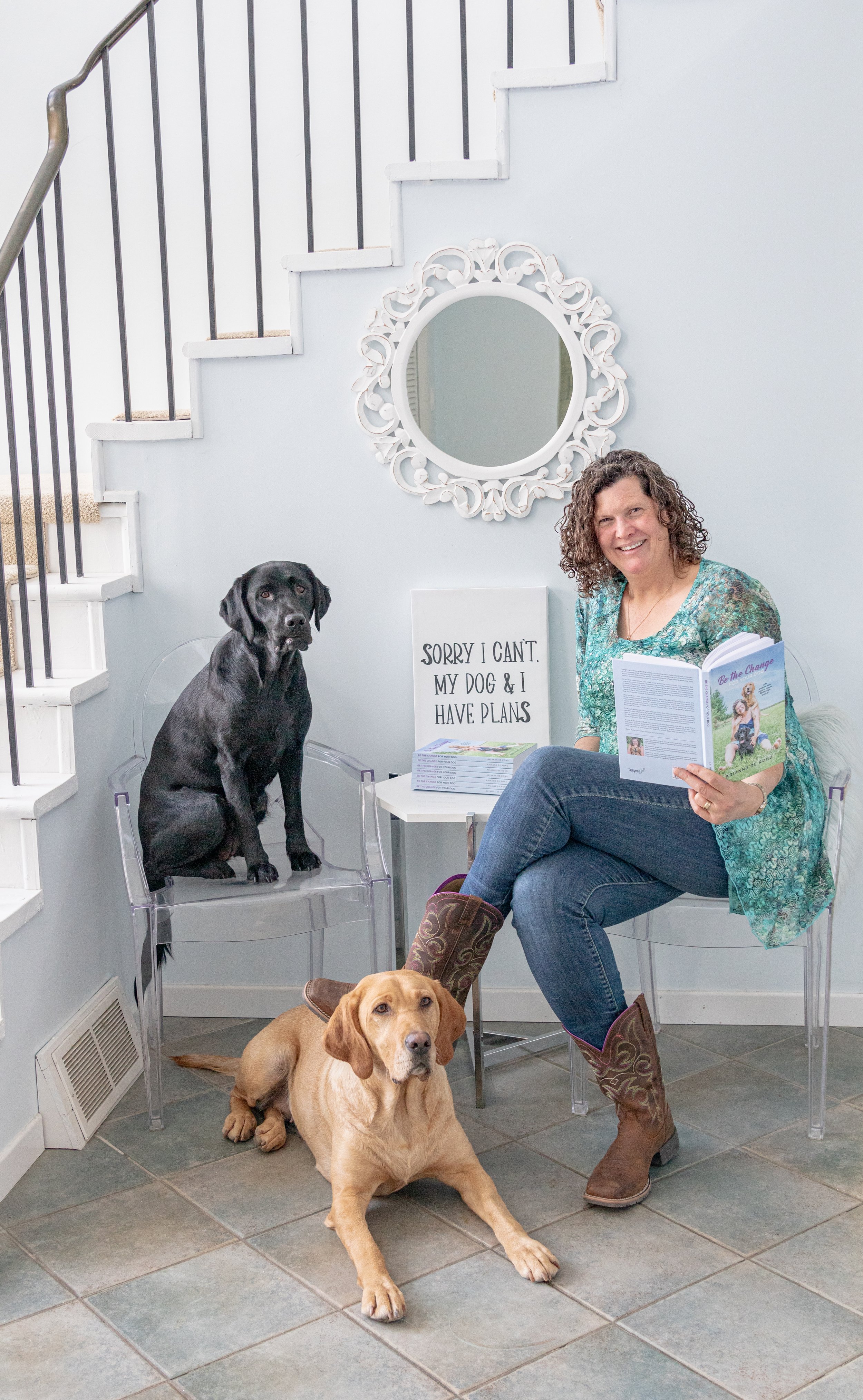 author on stairs