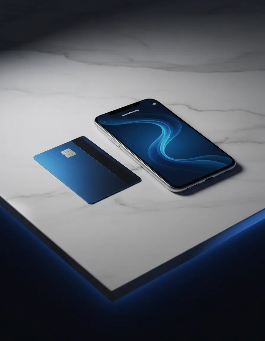 Sicheres Banking Interface und physische Trustyfy Karte in entspannter Atmosphäre