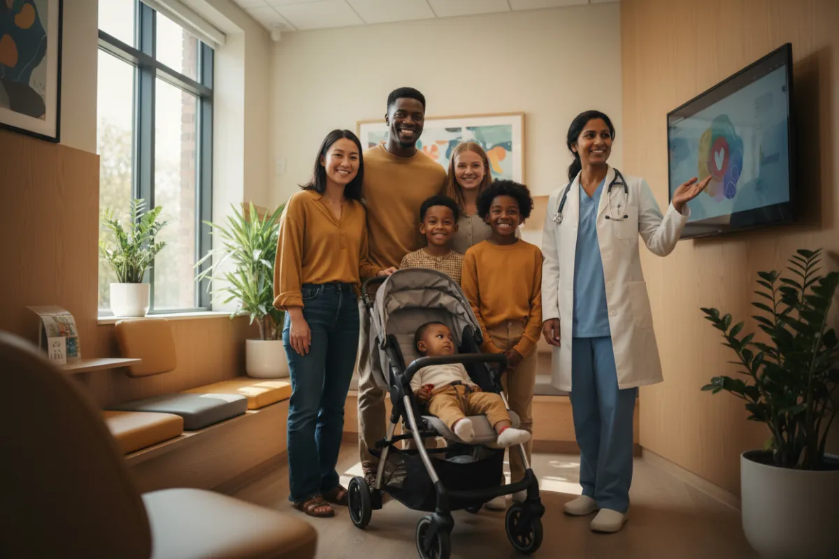 Multi-generational family (child, parents, grandparent) interacting with a compassionate medical professional in a bright clinic setting, warm and welcoming