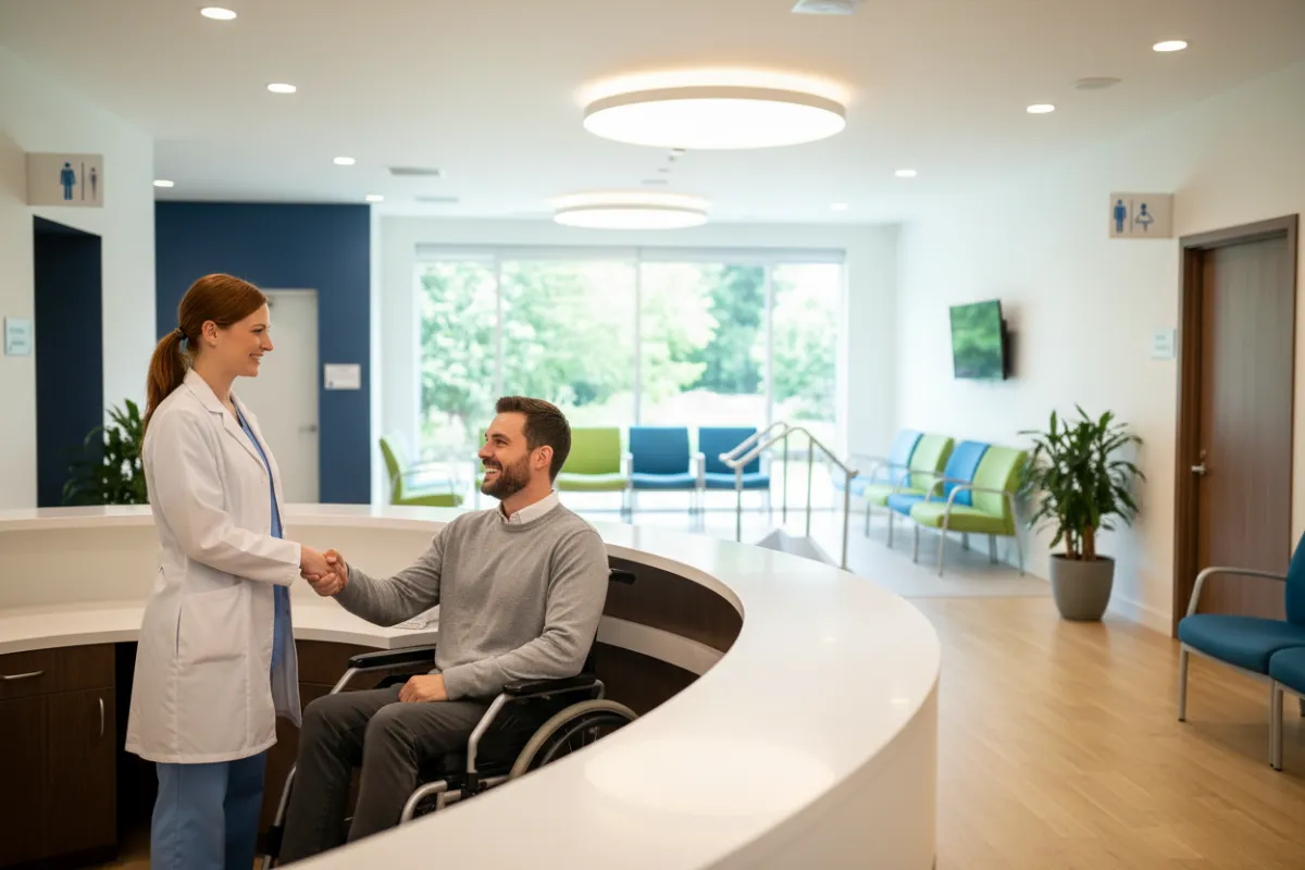 Patient checking in at a modern clinic reception with friendly staff assisting