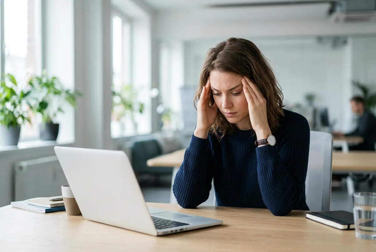 Woman sitting at a desk looking stressed, holding her head.