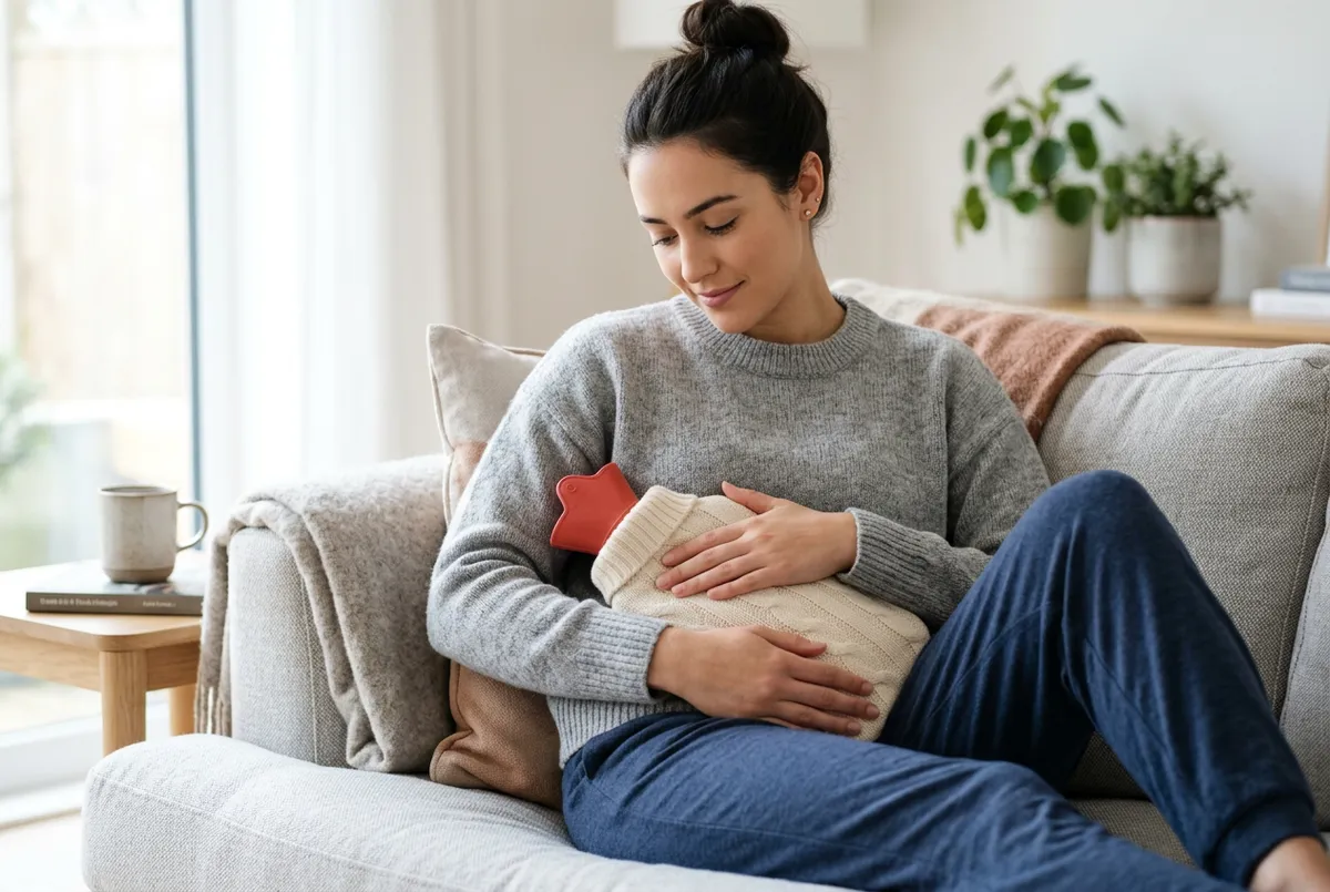 Person holding a hot water bottle against their lower abdomen.