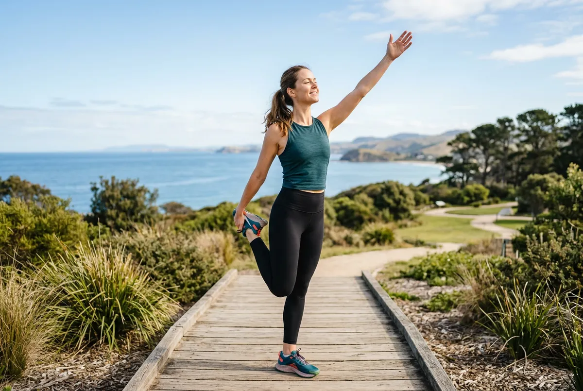 Woman stretching outside, looking relaxed and healthy.