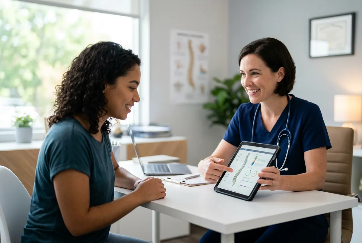 A doctor showing information on a tablet to a female patient in a clinic.