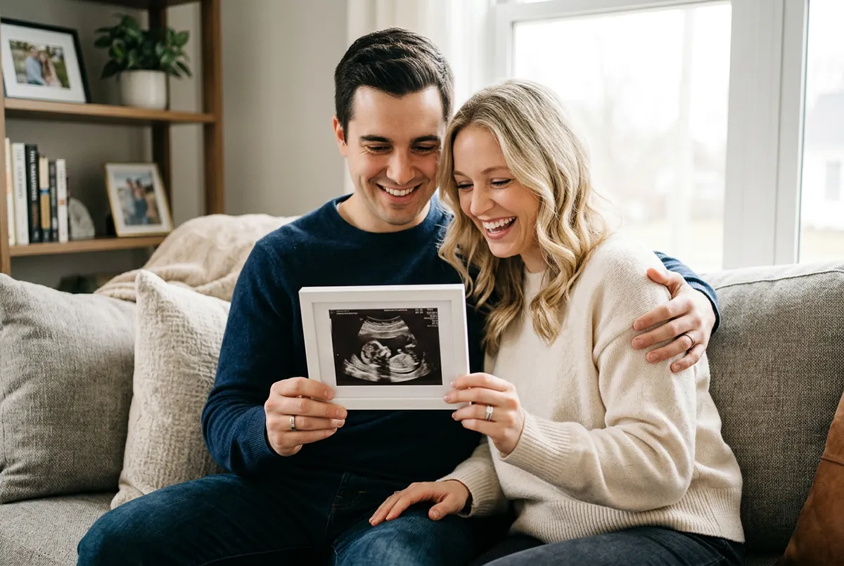 Couple holding a sonogram image.