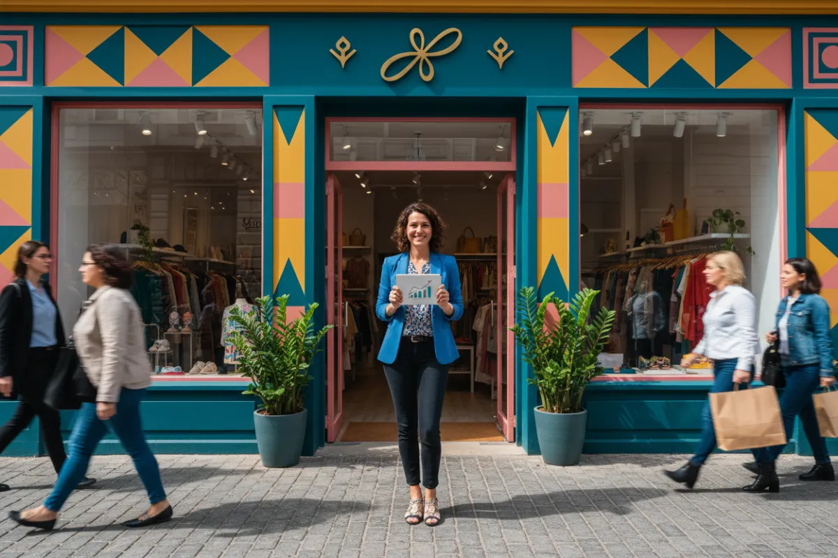 A confident small business owner standing in front of their boutique shop, smiling and holding a digital tablet. The storefront is vibrant and welcoming, with clear branding and a steady stream of customers in the background.