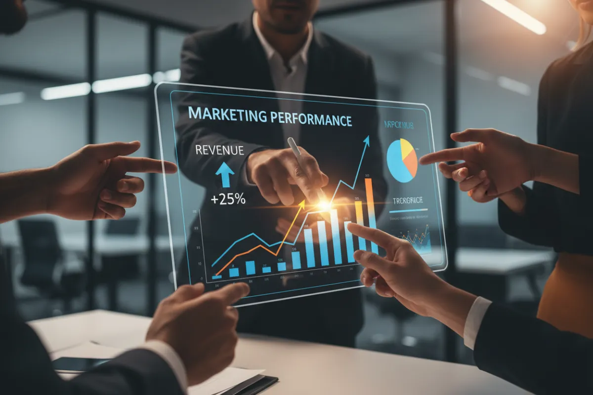 A close-up of a digital dashboard displaying upward-trending marketing analytics, with vibrant charts and graphs. The screen is surrounded by hands pointing and discussing, representing collaborative strategy in a bright, modern office setting.