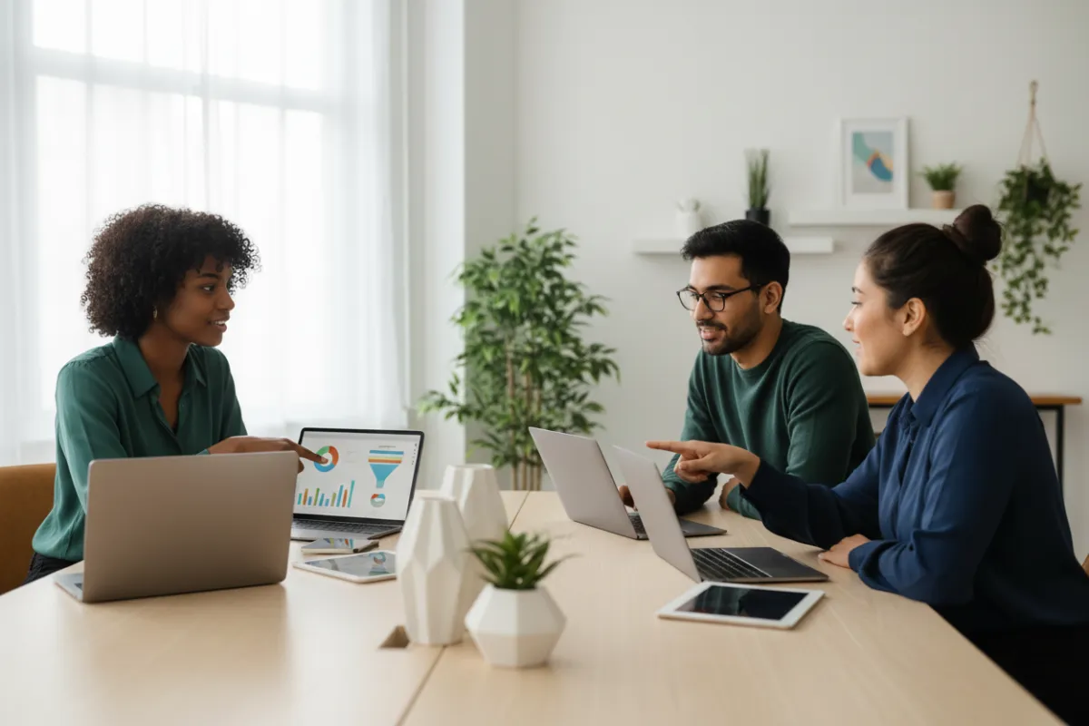 A diverse team of three small business owners collaborating at a modern workspace, reviewing marketing plans and digital analytics on laptops and tablets. The background is softly blurred, with natural daylight and minimalist decor, conveying focus and optimism.