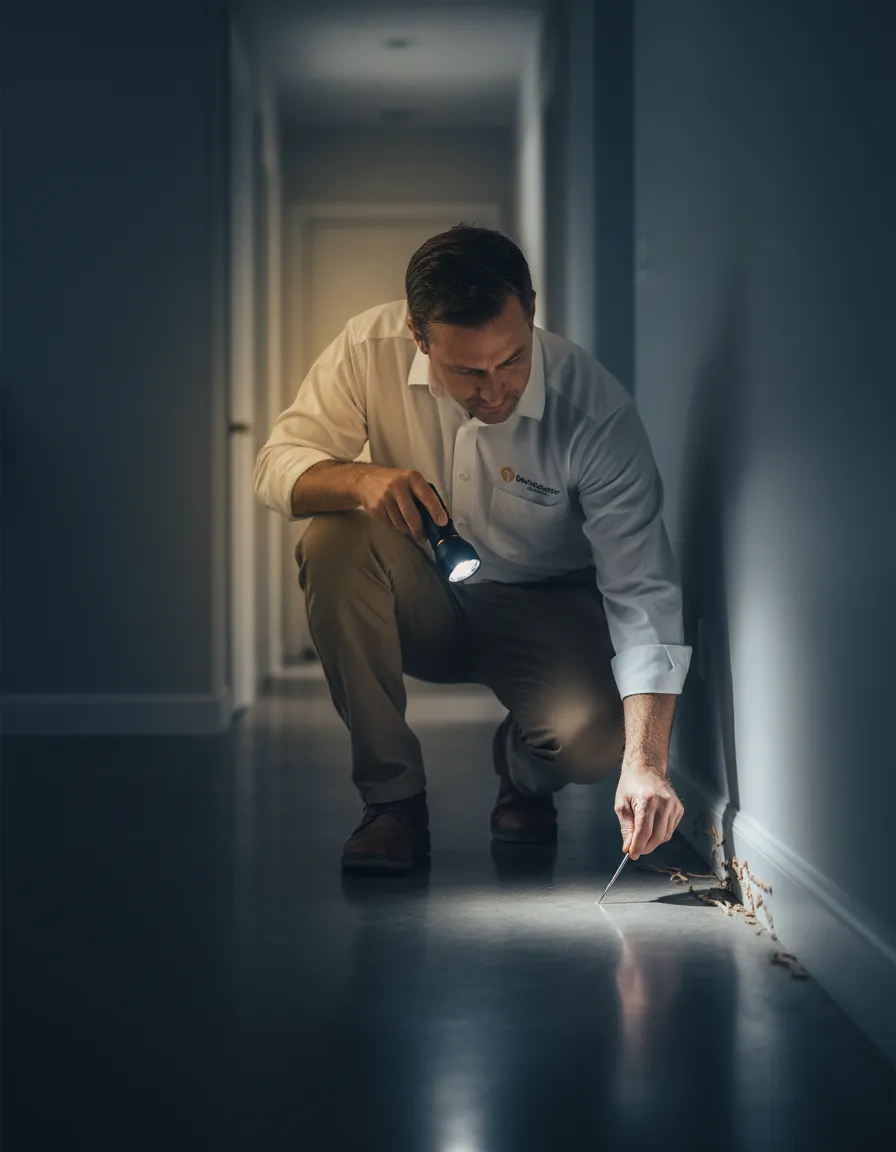 Termite inspector examining residential property for signs of damage