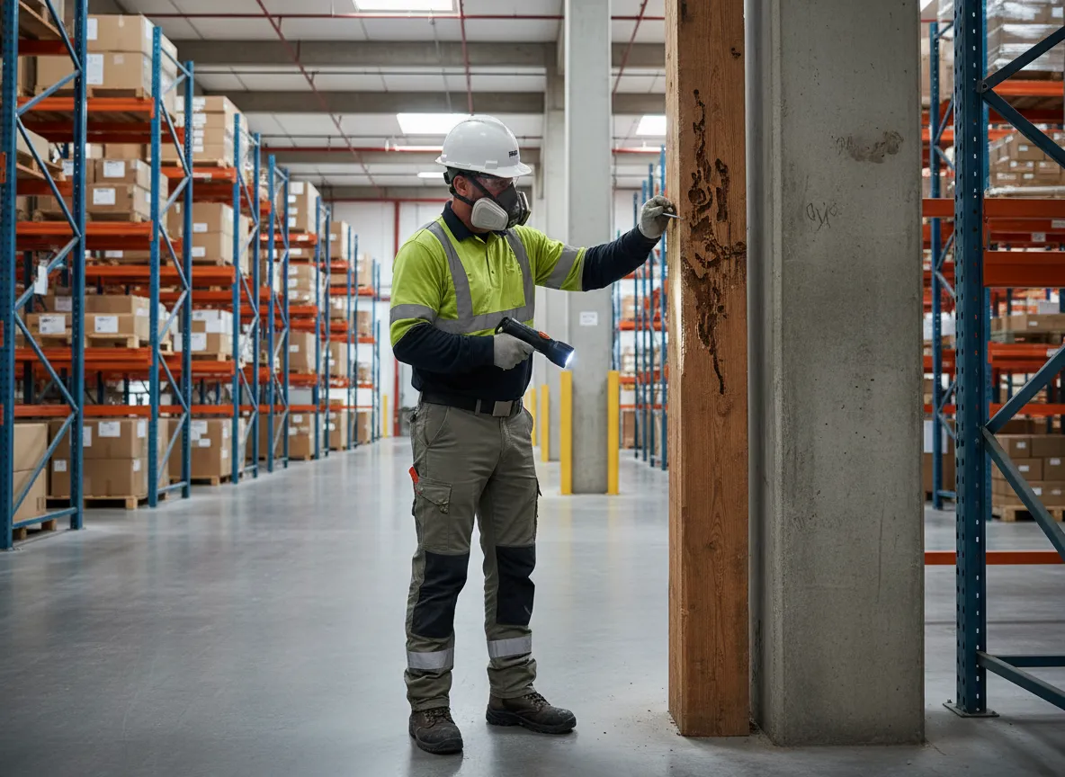 Inspector checking structural beams in a Florida commercial warehouse