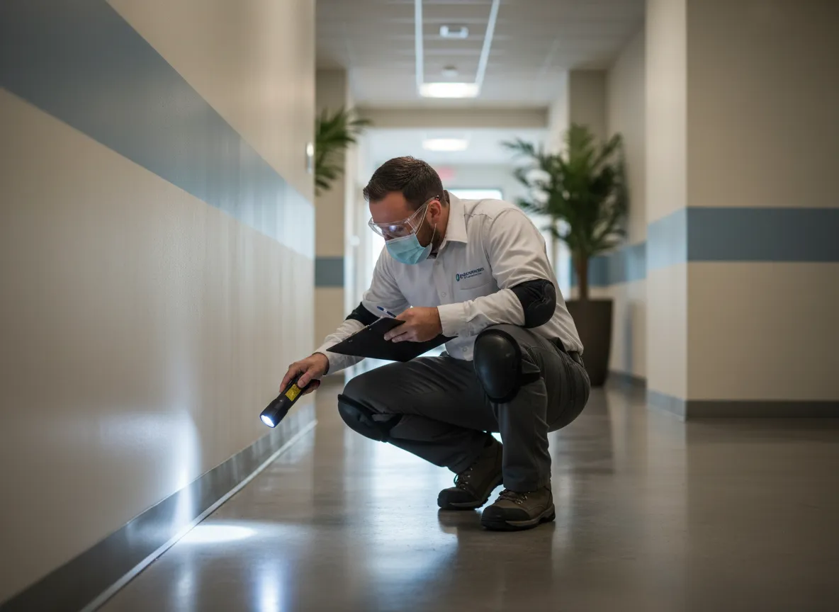 Technician performing commercial pest inspection in Florida apartment building hallway